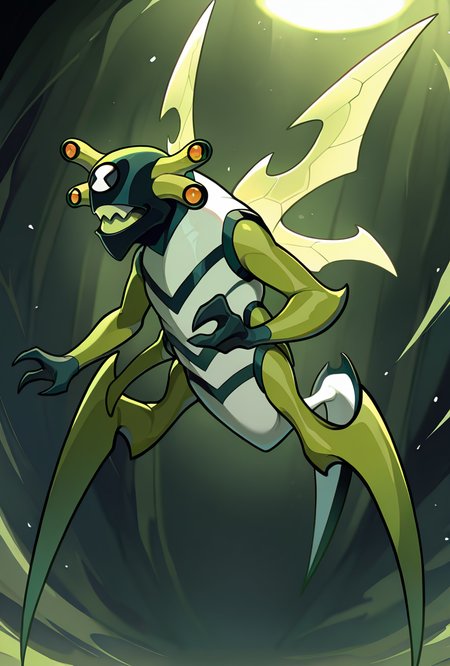<lora:stinkfly-07:1> stinkfly, solo, no humans, monster, bug, yellow insect wings, pokemon (creature),black gloves, green arms , sharp teeth, green legs  antennae, tail  white body suit, striped suit, 2 legs, multiple arms, Digitigrade legs, dynamic pose,, masterpiece, best quality, amazing quality, very aesthetic, absurdres, newest,