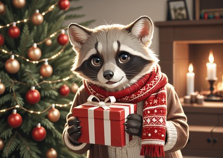 score_9, score_8_up, score_7_up, score_6_up, score_5_up, score_4_up, detailed, realistic, illustration, 8k, raccoon wearing a scarf and carrying a christmas present (cute furry feral:1.2), source_furry <lora:Animal_Christmas:0.8> animal christmas