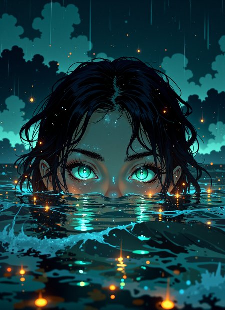 VibrantlySharp style,
animeniji,
3pic_vist4, A pair of glowing teal eyes emerge just above the midnight ocean surface, framed by wet lashes and tangled black hair, rain trailing in golden strands from the sky, while dim embers drift across the rippling water like a drowned constellation whispering secrets in silence.