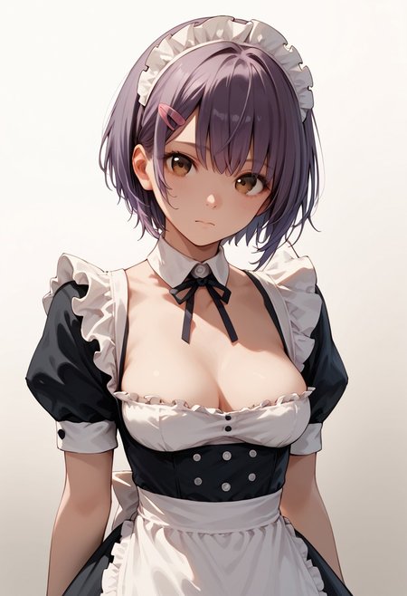 score_9, score_8_up, score_7_up, score_6_up, score_9, score_8_up, suzu, 1girl, purple hair, brown eyes, bangs, medium breasts, hairclip, looking at viewer, standing, maid, skimpy maid outfit, decoltee, short hair, gradient, gradient background, solo, upper body.