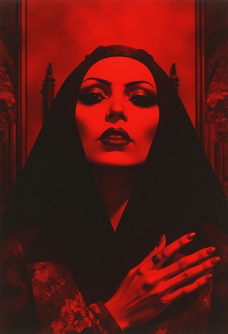 A red vampire woman, striking pose, anxiety, horror, gothic art, ArsMovieStill, Art by Sergio Toppi