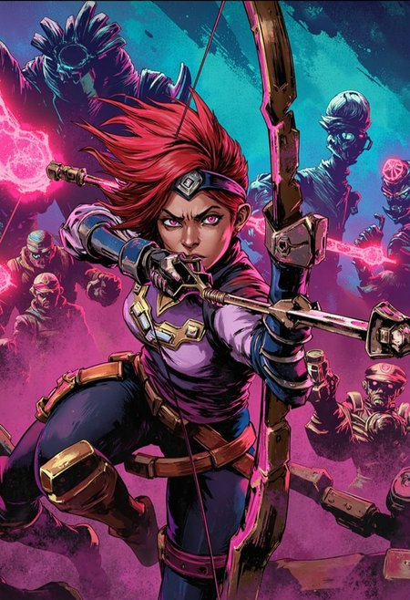 ArcaneFGTNR, Sci-fi mech, neon brushstrokes, vibrant electric tones, glowing patterns, futuristic textures, 
The Huntress, red hair flowing and antler headdress adorned, aiming her bow in a chaotic battlefield. She wears native American attire and her expression is one of intense focus. The battlefield is filled with clashing warriors and mythical beasts under a dramatic, stormy sky., 
in the style of hauntingly atmospheric dark fantasy, VHS, horror, 80's horror with vibrant colors
, radiant abstract, high-tech details, cybernetic brilliance, luminous fusion