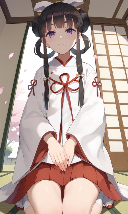 yuki01, 1girl, looking at viewer, purple eyes, white kimono, double bun, hair bow, hair ornament, wide sleeves, sidelocks, long sleeves, miko, red skirt, black hair, blunt bangs, braid, red ribbon, 
slight smile,close mouth, indoors, zabuton, sliding doors, cherry blossoms, tatami, petals, 
see-through, on knees, seiza, cushion, from below,  short white socks, close up, dutch angle, pov, 
perfect lighting, depth of field, 
 <lora:Yuki01_PonyXL-000015:1>, score_9, score_8_up, score_7_up,