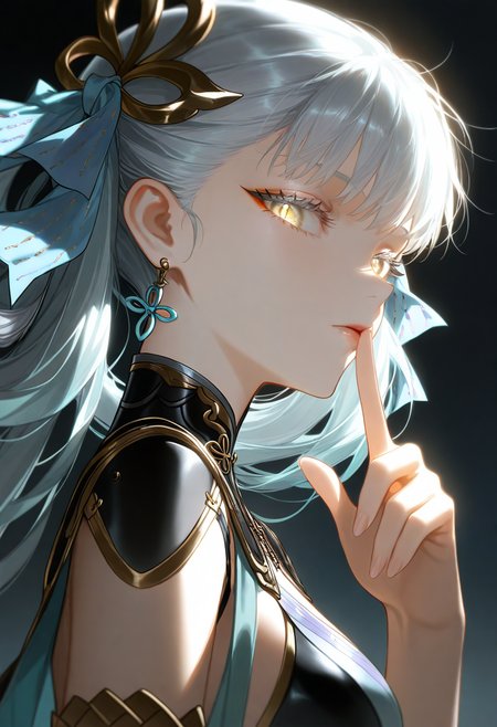 1girl,jinhsi (wuthering waves),portrait,  from side,beautiful detailed eyes,finger to mouth, dynamic pose, 
dark,warm light, looking at viewer,
masterpiece, best quality, very aesthetic,<lora:ponyv4_noob1_2_adamW:0.5>  <lora:Au_(D_Elete)-ill-Fandingo:0.5> <lora:nyalia:0.4>