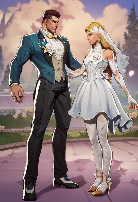 score_9, score_8_up, score_7_up, masterpiece, best quality, newest, absurdres, highres, 1boy, ReedRichards-Lifefantasticskin-V1.0,   suit, formal clothes, bowtie, brown hair, brown eyes, flower, shrt hair, pants, yellow bowtie, portrait, 1girl, SueStorm-Lifefantasticskin-V1.0,  wedding dress, wedding veil, veil, white dress, short dress, blonde, bare shoulders, blue eyes, flower, jewelry, long hair, earrings, long hair, high heels,