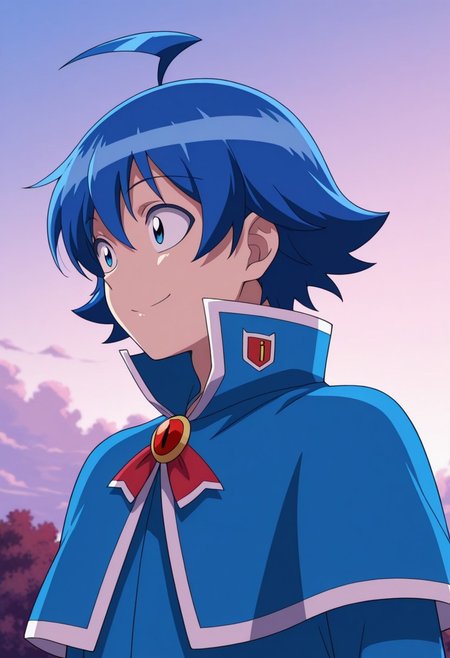 masterpiece,best quality,amazing quality, source_anime,
IrumaSuzuki, 1boy, male focus, solo, blue eyes, blue hair, ahoge, school uniform, jacket, blue jacket, capelet, brooch, bow, smile, portrait,
outdoor, sky, day, clouth,