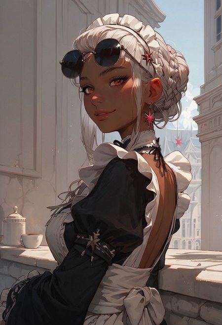 score_9, score_8_up, score_7_up, masterpiece,best quality, highly detailed, score_6_up, 1girl,  cute face, braid hairstyle，maid，white hair female，brown skin female，long hair，red eyes，little round sunglasses on female head，naughty smile，look back，20 year girl，cute，sitting on tall building roof，twilight