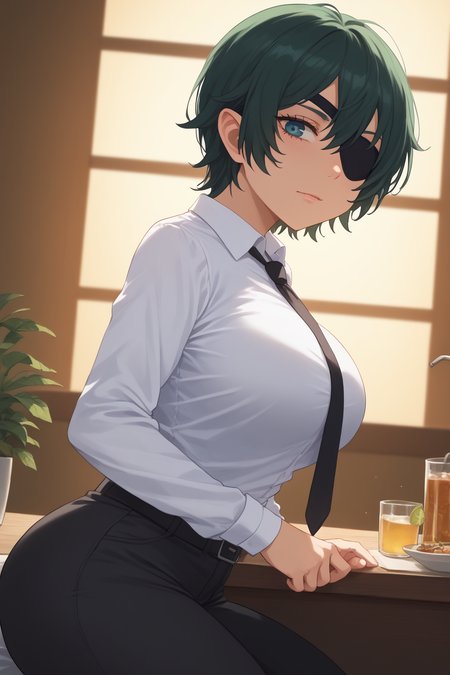 score_9, score_8_up, score_7_up, score_6_up, score_5_up, score_4_up, masterpiece, high quality, BREAK, full body, 1girl, large breasts,  BREAK,  <lora:Himeno_CSM:0.8> Himeno_CSM, himeno (chainsaw man), short hair, eyepatch, black hair, large breasts, black necktie, black jacket, black pants, blue eye, large ass, white undershirt,  <lora:GoblinGirl_Concept:1> GobGirl, green skin, short, long ears, large ears, colored skin, monster_girl 1girl, pointy ears, goblin, shortstack, long pointy ears,
