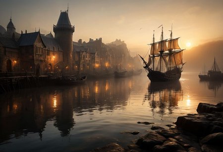 overall tone is surreal, as if the viewer has stumbled upon this scene by chance, caught between the worlds of reality and fantasy. The level of detail is astonishing, from the intricate patterns on the ships' sails to the weathered wood of the quayside. The image has an otherworldly quality, as if it were painted by a master of the surrealist movement. low angel, 
<lora:add-detail-xl:0.9> dvr-lnds-sdxl <lora:MJ52:0.5> <lora:zavy-cntrst-sdxl:0.4> <lora:zavy-rmlght-sdxl:0.4> <lora:fog_creatures_v4:0.5>
