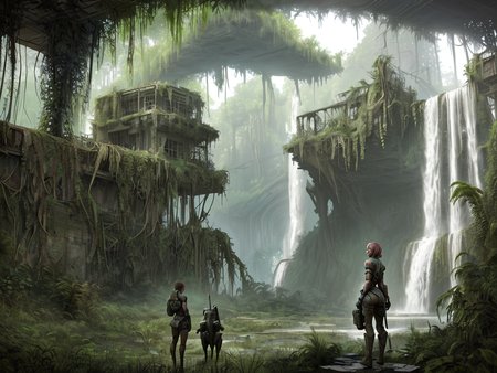 1woman standing in front of waterfall, (overgrown:1.1) ruins in background, 
 <lora:Wasteland:0.50> Wasteland, the, and, with, wasteland, background,