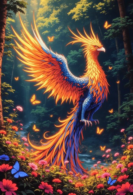ne0nfant4sy, In a vibrant, sunlit forest glade, a majestic phoenix rises from a bed of glowing, iridescent flowers. The phoenix's feathers are a brilliant mosaic of fiery oranges and deep blues, rendered in intricate, swirling patterns that evoke a sense of movement and life. Surrounding the phoenix, delicate butterflies flit about, their wings reflecting the kaleidoscope of colors in the scene. The atmosphere is one of renewal and enchantment, with dappled sunlight filtering through the leaves, casting playful shadows on the forest floor. This fantastical tableau embodies a sense of hope and rebirth, with the art's vivid colors and fluid forms creating a dreamlike quality.