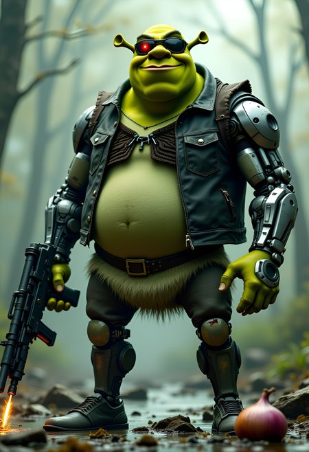 Shrek as the Terminator, standing in a post-apocalyptic swamp with a dramatic, smoky backdrop. Half of his face is metallic, with a glowing red eye and exposed robotic endoskeleton, while the other half retains his classic ogre features—green skin, tusks, and a mischievous grin. He’s wearing sleek, futuristic sunglasses, a black leather jacket with the collar popped, and fingerless gloves. His massive frame is partially covered in battle damage, with sparks and wires peeking out from his robotic arm.

In one hand, he’s holding a futuristic plasma rifle, and in the other, a half-eaten onion, because even in the future, Shrek stays true to his roots. The ground around him is littered with broken robot parts and swamp debris, and a faint green glow emanates from his mechanical side.


