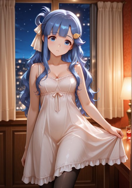 general, very awa, masterpiece, best quality, highres, absurdres, , ,eyesHD, high gradient eyes, detailed eyes, high definition eyes, ,, Asari_Nanami_Cinderella, long hair, blue eyes, blue hair, fish hair ornament, hair rings, wavy hair, blunt bangs, Silkform_Illusion_Negligee, dress, white dress, spaghetti_strap, short dress, tight dress, bare shoulders, bare arms, sleeveless, cleavage, black_pantyhose, cowboy shot, standing, fence, skirt hold, head tilt, blurry, curtains, window, night,table, cocktail glass