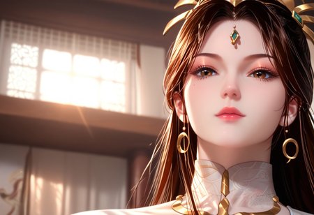 YueMingkong, brown eyes, dark hair, long hair, martial art uniform, perfecteyes, hyper detailed,  hyper realistic, score_9, score_8_up, score_7_up, 8k, best quality, high quality, natural lighting, intricate, soft warm lighting, realistic, hyper realistic, Ultra HD quality ,bedroom, standing, posing, from below, close-up,
