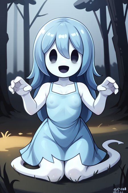 score_9, score_8_up, nsfw, score_7_up, <lora:Spooky:0.9>  spooky (sjm), ghost girl, solid oval eyes, smile, transparent, colored skin, long blue hair, small breasts, blue dress, suprise, suprised, suprised arms, open mouth,, solo,, Forest, trees, grass,