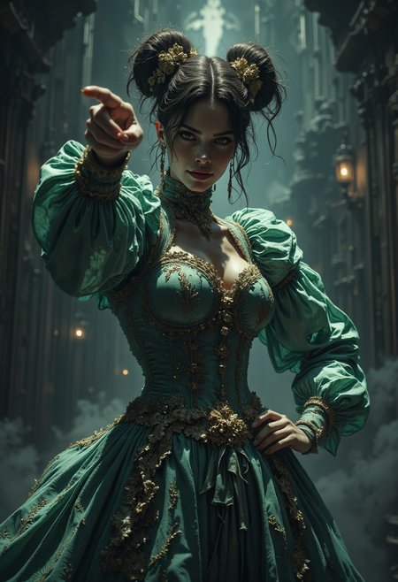 cinematic film still close up, a beautiful female super model ,( very muscular:1.2),    style of Hirohiko Araki, a jojo's bizarre adventure anime,tall well built , , Exaggerated flamboyant dramatic pose, jojo style pose, ( flamboyant clothes ),dynamic background , Vibrant and contrasting colors, pointing at viewer, from side, 
A refined gown in soft mint green with delicate floral patterns, featuring a structured corset bodice with gold lace overlay and intricate boning. The neckline is adorned with lace and ribbon, creating a romantic frame around the collarbone. Puffy lace-trimmed sleeves end just below the elbow. The skirt flows elegantly with gathered layers and subtle ruffles, creating a full silhouette reminiscent of the Rococo style. A silk ribbon around the waist and a matching fan complete the ensemble, giving a polished and dignified look
Stylish, imposing in a confident, dominant stance, hand on hip, exuding confidence and power. A menacing smirk on her face, with sharp eyes looking directly at the viewer. The overall look blends high fashion with a dramatic flair, set against a shadowy, ominous background that emphasizes her dark charisma. , intense lighting, capturing a sense of power and mystery
 <lora:Magic of Art  2  (FLUX):0.8>  <lora:FredFraiStyle-FLUX-Share:0.8> . shallow depth of field, vignette, highly detailed, high budget, bokeh, cinemascope, moody, epic, gorgeous, film grain, grainy
