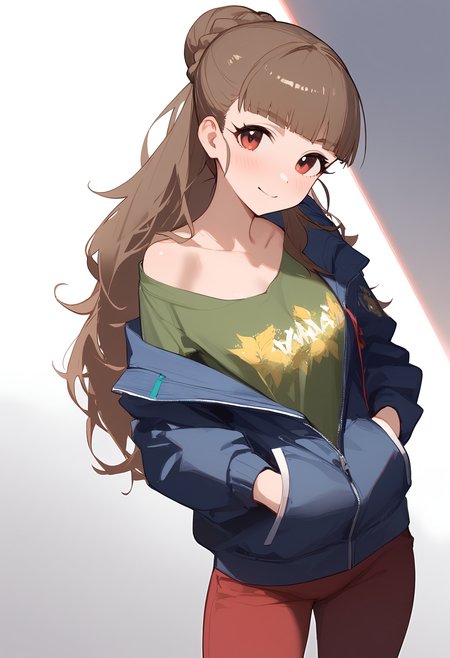 1girl,blush,closed mouth,kamiya nao,looking at viewer,solo,white background,blue jacket,simple background,long sleeves,open jacket,cowboy shot,braided bun,hands in pockets,collarbone,green shirt,off shoulder,red pants,smile,print shirt,<lora:a31_char_new_kamiya_nao-000026:1>masterpiece, best quality, absurdres<lora:a31_style_koni-000010:0.8>