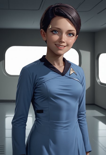 score_9, score_8_up, score_7_up, source_anime, head tilt, happy, smile, full body shot, (walking:1.1),
BREAK
<lora:KaraDBH:1> 1girl, short hair, black hair, blue eyes, lips, pixie cut, small breasts, (slim hips:1.1), skinny, slender,
BREAK
<lora:ponytosnewV2:1> stunf, star trek uniform, blue uniform, dress,
BREAK
indoors, on spacecraft, space, windows, science fiction, polished_floor, clean, star trek, 
BREAK
volumetric lighting, depth of field, cinematic, vibrant, shadows, detailed, high contrast,âââ <lora:vivid_everclear:0.3>,âââ