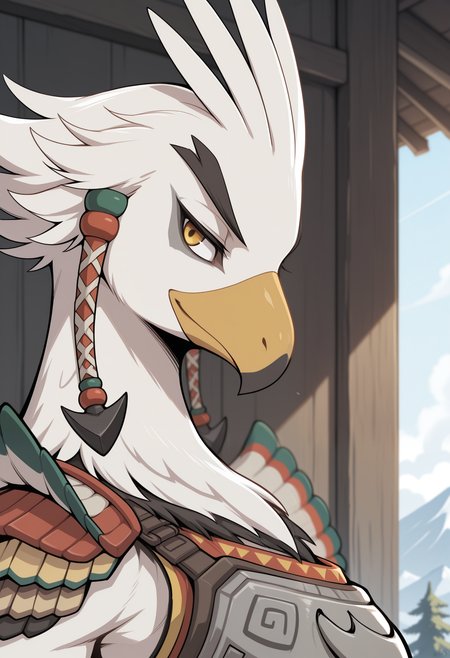 masterpiece,best quality,amazing quality, 1boy, solo, 1boy, t3b4, bird boy, shoulder armor, hair ornament, close up, side angle, confident,