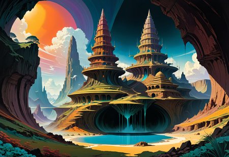 a fantasy temple sits on top of a (cross section of surreal geological biome chart with concentric layers of colourful strata forming a surreal tiered geological formation whith an colourful strata:1.1), underground tunnel network, swirling clouds, pools of water, on dark paper, by peter mohrbacher, tarmo juhola, ivan laliashvili, james gurney, moebius, roger dean vibrant, beautiful, translucent, intricate, detailed many details, extreme detailed, full of details, Wide range of colors., Dramatic, Dynamic, Cinematic, Sharp details Insane quality. Insane resolution. Insane details. Masterpiece. 32k resolution.