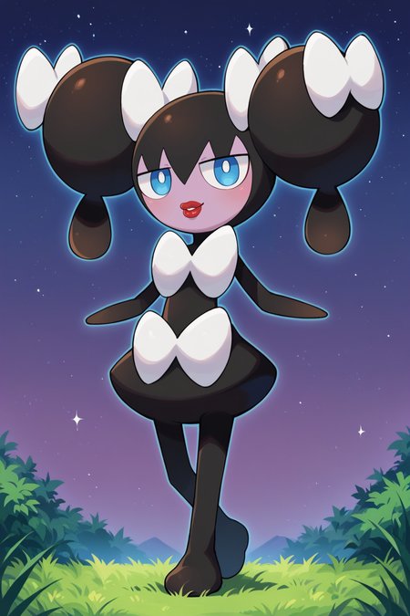 score_9, score_8_up, score_7_up, score_6_up, BREAK  gothorita,pokemon \(creature\), solo,full body,two-tone skin,white hair bow, twintails, smile, blue eyes, red lips,night sky, starry sky, tall grass,white bow, purple sky        <lora:GothoritaPony:1>
