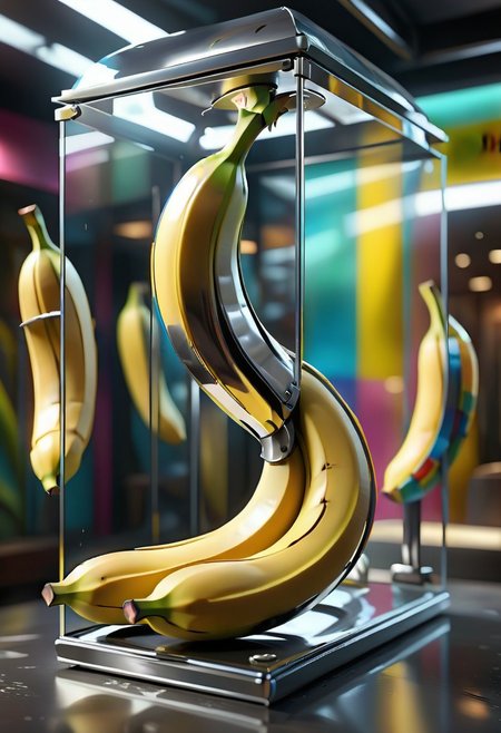 a magnificent floating banana made up of Jed-Steel, inside a glass case, a colorful sex shop interior in the background