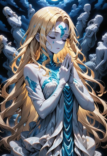 ((masterpiece), (best quality), (ultra-detailed), 
, 1woman, solo, light,  upper body, long hair, blonde hair,
elbow gloves, illustration, 2DMM,
dress made of Liquid Marble, blind, offer prayers, pray pose, hands together, white skin, pale skin,
upper body, moon, standing  white dress, belt,
From side-above,stars, night, sky, Liquid Marble,   face focus, portrait, Marble woman , marble clothes, marble hair, marble skin ,(statue:1.2),
 )