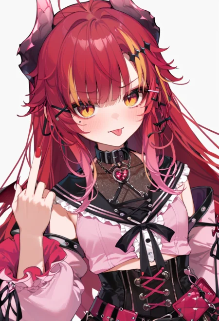 score_9_up, score_8_up, score_7_up, score_6_up, 1girl, (SudaYoruka:1), dragon horns, 
pink shirt, black collar, red nails, nail polish, jirai kei, detached sleeves, 
(middle finger:1), annoyed, tongue out, 
cowboy shot, 
looking_at_viewer, dynamic_angle, dutch angle, cinematic_angle, <lora:SudaYorukaXL_autismmixPony2:1>, rating_safe, sfw, masterpiece, newest, absurdres