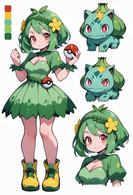 CharacterDesignIllustrious, reference sheet, simple white background, color guide, (multiple views), (full body), dynamic pose,
,,,
cute girl, 
,,,
bulbasaur companion, green hair, floral headband, leafy outfit, vibrant green dress, yellow shoes, pokeball on belt, flower patterns, nature-filled background
,,,
1 pokemon in background,
pokemon trainer outfit, focused look, cleavage, holding pokeball, looking at viewer, smile,