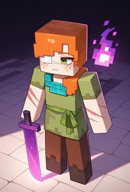 <lora:alexmc-05:1> alexmc, orange hair, 1girl, solo, green eyes, long green shirt, brown pants, short sleeves, freckles, square arms, square body, green waist ribbon,  minecraft end, minecraft end dimension, long tall black pillars in the background, fighting black dragon, purple fire, purple sword, blue chest plate armor,  scars, injury, white sand floor, white eye patch,, masterpiece, best quality, amazing quality, very aesthetic, absurdres, newest,