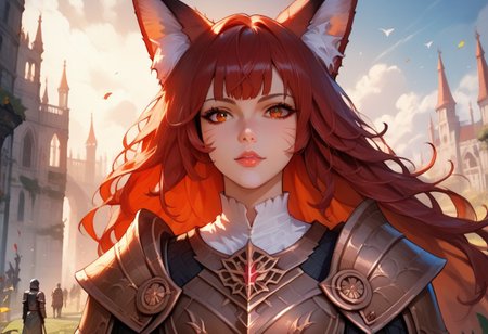 (score_9), (score_8_up), (score_7_up), masterpiece, source_anime, best quality, very aesthetic, epic, absurdres, Zyrnox-Exoterra Style, perfect anatomy, day_time, fantasy, fantasy elements, dark, dark_lighting, (horror theme:0.8). (1girl, fox girl, knight armor, no helmet, medieval-fantasy city, portrait), walking towards viewer, long hair, half portrait