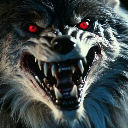 Horror-themed,  <lora:Fright Night 1985 Film Style:1>
Cinematic Closeup Shot Film Footage captured by Panavision Cameras and Lenses, vampire Werewolf creature a wolf with red eyes and a black background staring at camera with open scary mouth in a dark room with cool blue light on, Fright Night 1985 Film Style, Eerie, unsettling, dark, spooky, suspenseful, grim, highly detailed
