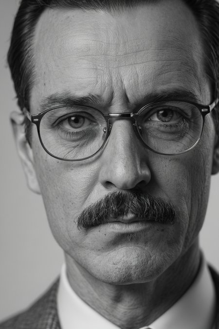 A close-up portrait of a man with moustache and glasses,looking serious into the camera. Black and white,high contrast,reminiscent of the cinematography of Freddie Young