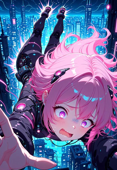 masterpiece, ultra detailed, ultra-detailed, 32K, very aesthetic, 2d, bodysuit, 1 female, solo, civchan, pink hair, purple eyes, neon glow, glowing lines, hi-tech, sci-fi, detailed background, night city, motion effect, dynamic pose, falling, panic, wavy mouth, open mouth, hands reaching out, in the style of cknc, zzcitronlegacy