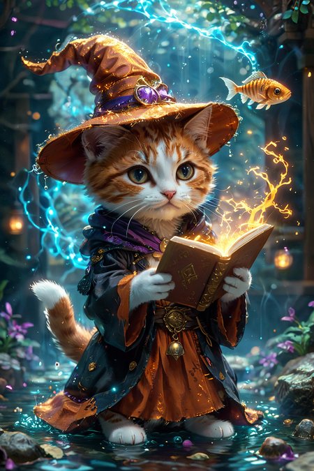 A hyper-detailed and ultra-high-definition scene depicting a magical world where a cute kitten is casting spells to summon (fish:1.4) from a magic book. The kitten, perfectly rendered with accurate anatomy and incredible detail, is dressed in an adorable witch's robe and hat. The kitten is holding a magic book in one paw, from which fish are jumping into the air, surrounded by a flow of magical energy. The scene captures the whimsical and enchanting atmosphere, with the kitten's full body in view, exuding a kawaii charm.
hyper-detailed, ultra-high-definition, magical world, cute kitten, accurate anatomy, witches robe, witches hat, magic book, spellcasting, fish in the air, energy flow, whimsical, enchanting, kawaii, adorable, masterpiece, amazing quality, best quality.
<lora:Fantasy_Wizard__Witches_SDXL:0.75>, hkmagic,
<lora:add-detail-xl:1.0>,
<lora:EnvyBetterHiresFixXL01:1.0>,
<lora:extremely_detailed:1.0>, extremely detailed,
<lora:glowneon_xl_v1:0.8> glowneon, glowing,
<lora:EldritchMixIllustration_1.1:0.25>,
<lora:zavy-cntrst-sdxl:0.4> dark, chiaroscuro, low-key,