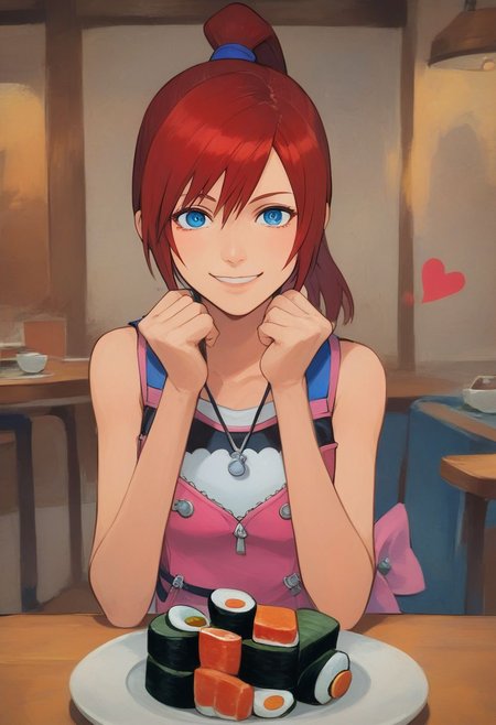 score_7_up, score_8_up, score_9, kairi, ponytail, kingdom hearts 2, long straight red hair, pov dating, innocent, Italian restaurant, smiling, hearts, happy, looking at viewer, sushi, , score_4_up, eye contact, looking at viewer, source_anime, traditional art, lineart, rating_safe, zPDXL, clear blue eyes,(4k quality, masterpiece):1.4),( best quality:1.1),