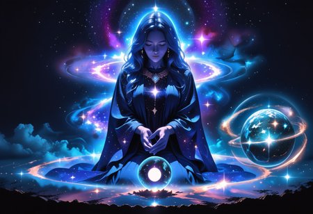 high quality, score_9, score_8_up, source_7_up, very aesthetic, high resolution, newest, depth of field, volumetric lighting, (masterpiece, best quality, ultra-detailed, High detailed), beautiful face,  absurdres, masterpiece, best quality, amazing quality, masterpiece,best quality,amazing quality, 8k, 
BREAK 
girl, scyfi, galaxy, levitating,blue hair, stardust, ethereal hands,
dark mage robe, flowing robes, glowing runes around person, ((hands around black orb, black hole in hands)), meditating position,
dark nebula, spectral, stars, galaxies, surreal, detailed, rich_color_palette, light_and_dark, cosmic, mystical, magical, enchanting, infinite, vast, celestial, otherworldly, fantastical, 
full body, 
dark background, night sky,
arcane, eerie, atmospheric, foreboding, dreamlike, void, space, nebula, stellar, galactic, astral, ethereal, cosmic, otherworldly, fantastical, galaxy