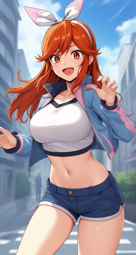 score_9, score_8_up, score_7_up, source_anime,
at city, building, sky, cowboy shot,
1girl, solo, 20yo girl,
<lora:mika01XLP:0.8>, hawatarimika, bangs,  red eyes,  red hair, hairband, orange hair, orange eyes, large breasts, slender, long hair,
surprised, crossed eyes,  looking at viewer,
jacket, short shorts, crop top,