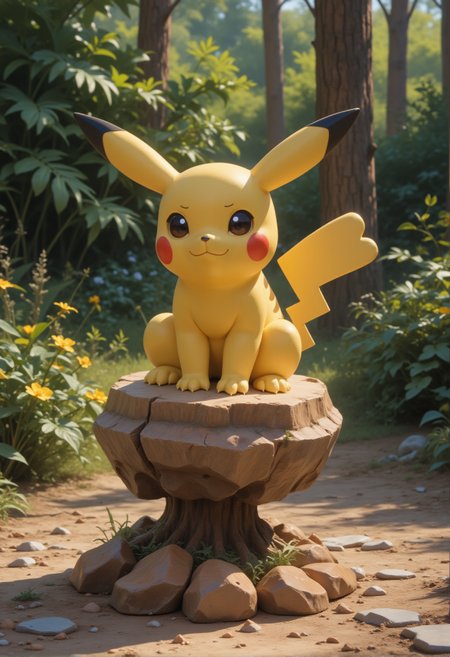 a RAW ultra-realistic photo, UHD,8K, masterpiece, best quality, higres, high detail, depht of view, score_9,score_8_up,score_7_up,embedding:zPDXL2, Expressive,colorful, , A small figurine of a Pokemon is sitting on a bed of rocks. The figurine is yellow with orange spikes on its back. It has black ears and black eyes., pikachu, solo, smile, closed_mouth, standing, full_body, outdoors, day, blurry, pokemon_\(creature\), no_humans, blurry_background, claws, rock,<lora:增强\(收藏)\sdxl_lightning_8step_lora.safetensors:1.0:1.0> <lora:(风格)\(收藏)\Expressive_H-000001.safetensors:0.8:0.8> <lora:(风格)\(收藏)\GN_v1.4.safetensors:0.4:0.4> <lora:增强\(收藏)\Hands XL 4.safetensors:1.0:1.0> <lora:Envy Pony Pretty Eyes 01.safetensors:0.3:0.3>