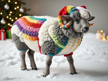 Animal Christmas, 
a large sheep with rainbow coloured wool and a mohawk 
 <lora:Animal_Christmas:1>