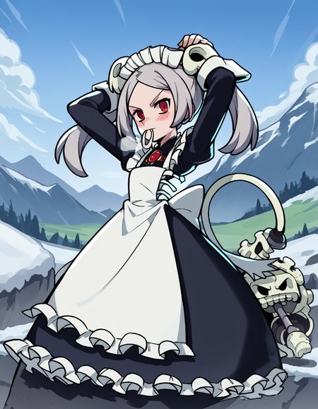 score_9, score_8_up, score_7_up, source_anime, <lora:skullgirls-marie-ingame-ponyxl-lora-nochekaiser:1>, marie, hair ornament, red eyes, twintails, skull, skull hair ornament, grey hair, forehead,, apron, maid, maid headdress, long sleeves, wrist cuffs,, snow day, winter clothes, snowball fight, laughter, cold breath, white landscape, , <lora:hair-tie-in-mouth-ponyxl-lora-nochekaiser:1>, hair tie in mouth, hair tie, mouth hold, rubber band, blush, tying hair, adjusting hair, hands in hair, arms up, arms behind head, ponytail, hand in own hair, hair lift, cowboy shot, looking at viewer, looking at viewer, solo,, dutch angle, cowboy shot