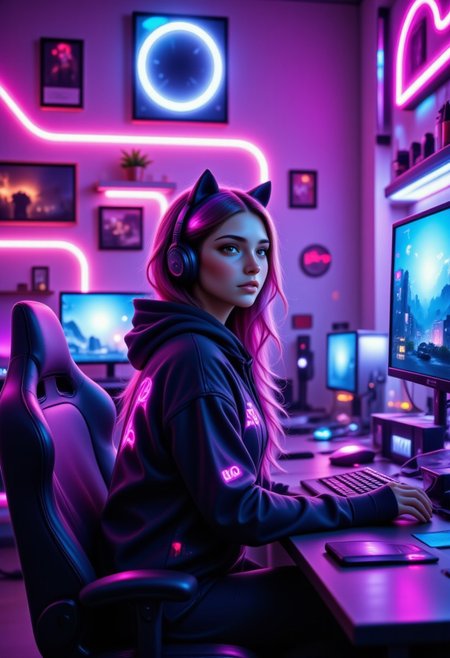 A vibrant and stylish gaming room with neon lighting, featuring a gamer girl in the center. She has long, flowing hair, wearing a trendy hoodie with glowing accents, and headphones with cat ears. She is sitting in a sleek gaming chair, surrounded by multiple high-tech monitors displaying colorful game screens. The room is decorated with RGB LED lights, a shelf filled with gaming collectibles, and posters of iconic video game characters. The aesthetic combines cyberpunk and modern gaming culture, with soft purple and blue hues illuminating the space. The gamer girl is focused and enthusiastic, her energy reflecting a passion for gaming, Jedjv1, aidmaimageupgrader, 1woman, dllj02