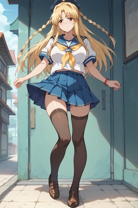 score_9, score_8_up, score_7_up, masterpiece, best quality,
<lora:pony_good_hands:0.5>, good_hands,
1girl, mature female,
large breasts, wide hips,
 <lora:YuriKashima:0.7> YuriKashima, hair ribbon, twin braids,
serafuku, yellow neckerchief, black thighhighs, skirt, loafers,