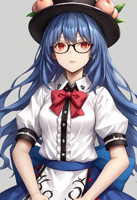 1girl, tenshi, hinanawi_tenshi, bespectacled, glasses, white_shirt, peach_hat_ornament, black_hat, blue_skirt, red_bowtie, puffy_short_sleeves, collared_shirt, center_frills, 
masterpiece, best quality, very aesthetic, absurdres,