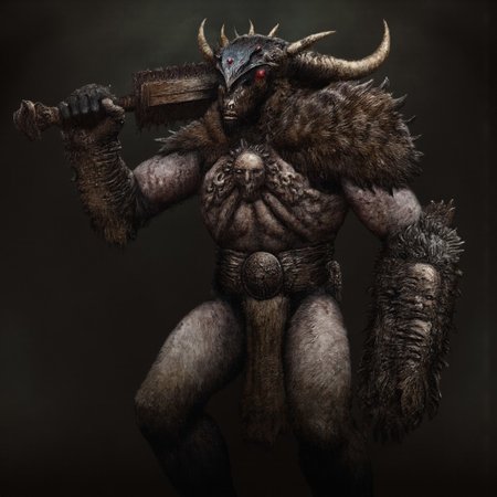 first person pov, 3D01S, simple background atmospheric and powerful dark fantasy, natural organic and first person pov of a berserk style 
towering, imposing warrior with a beastly physique stands ready for battle, exuding raw power and menace. His muscular body is covered in battle-worn, fur-lined armor, revealing patches of leathery, scarred skin underneath. A large, wicked horn protrudes from his blackened, demonic helmet, which is adorned with menacing spikes and glowing red eyes that peer out from the shadows. His face is hidden behind a skeletal visage, amplifying his fearsome aura.
In his right hand, he grips a massive, jagged sword, worn with the scars of countless battles, while his left arm bears a thick, iron-forged shield, emblazoned with a raised skull emblem that radiates dark energy. His legs, resembling those of a satyr, are covered in fur and end in hooved feet, emphasizing his inhuman nature. The beast-like warrior's posture is aggressive, his muscles tense, and his expression determined, as if he is ready to charge into combat. His presence alone commands fear, an unstoppable force of darkness and brute strength.
UHD letterboxed game trailer frame chromatic aberration dark atmosphere sharp masterpiece with a focus on the character, elden ring style, dark atmosphere, chromatic aberration