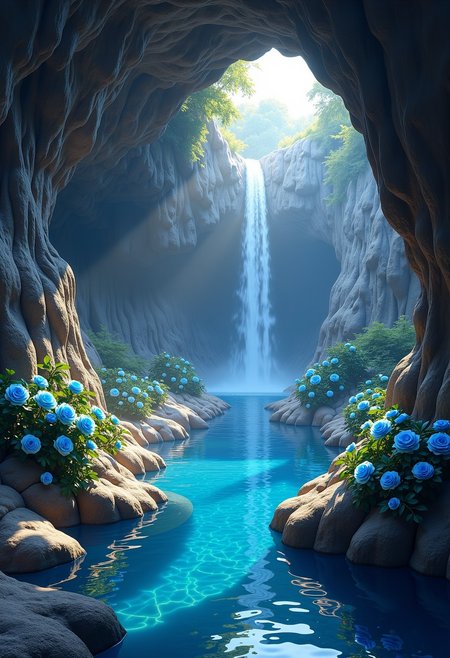 a cave surrounded by gemstones in the distance you can see a water basin with a waterfall blue roses grow by the basin the light from the gemstones with which the wall is decorated falls on the water and casts shadows on the rose petals the atmosphere of the picture is magical and warm,(masterpiece, best quality),(sharp focus:1.2),(photorealistic),(intricate details)