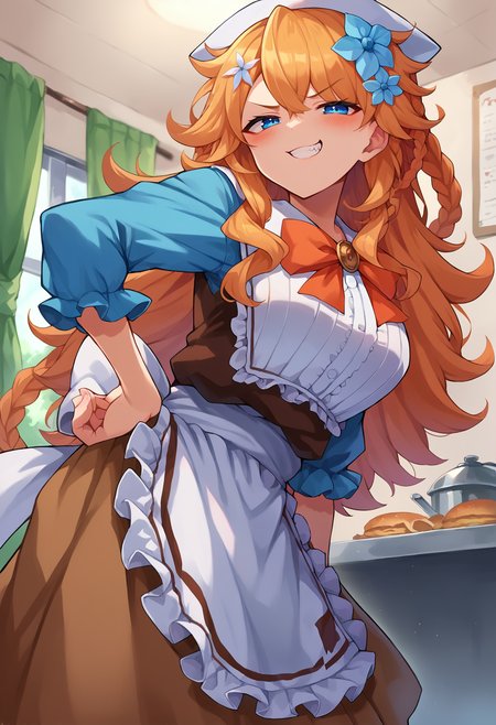 score_9, score_8, score_7_up, hd, (ultra hd quality details), source_anime, indoors,
solo, 1girl, gibarae,
otgbedef, braid, hair flower, white headwear, blue shirt, frilled apron, white apron, brown skirt,
looking at viewer, blush, smug, teeth,
standing, hand on own hip,
<lora:_otogibara_era-elesico-pony:1>
