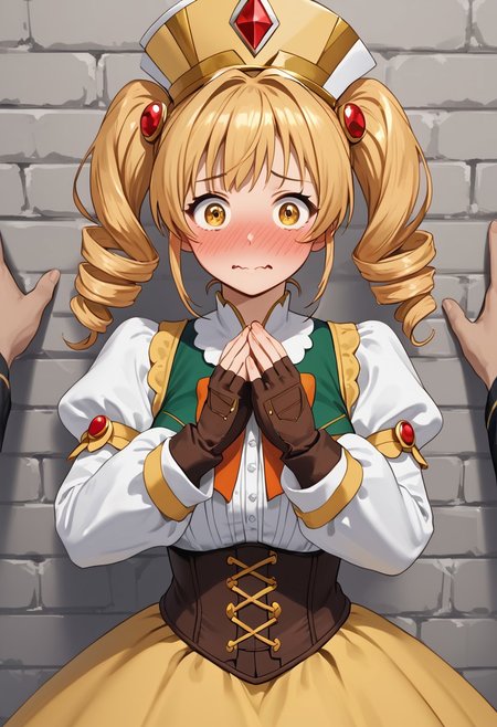 score_4,score_5,score_6,score_7_up,score_8_up,score_9 ((masterpiece,best quality,ultra detailed,highres,HD,4k:1.2)), 
Araki,sketch,
1girl,solo,face focus,
 mami tomoe, blonde hair, drill hair, twin drills, yellow eyes,large breasts, 
brown gloves, corset, detached sleeves, fingerless gloves, gloves, hat, juliet sleeves, long sleeves, magical girl, puffy sleeves,
outdoor, pov, pov hands, kabedon, Wall-don, wall-don with both hands,<lora:Kabedon pov PonyXL:1>, full face blush,surprise,wavy mouth,@ @ ,^^,embarrassed,wide eyes,looking at viewer,