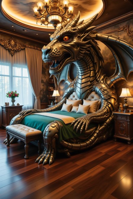 The image is a high-resolution photograph of a beautifully designed bedroom with a mystical, fantasy-inspired theme. The centerpiece of the room is a large, custom-built bed shaped like a majestic dragon, with the head forming the headboard and wings extending as side panels. The bedspread is a deep emerald green, paired with soft, golden pillows. The dragon's scales are intricately textured, creating a realistic, shimmering effect under the ambient lighting.
The roomâs walls are adorned with hand-painted murals depicting enchanted forests and magical creatures. The flooring is dark, polished wood, reflecting the soft, magical glow from the enchanted lanterns hanging from the ceiling. In the corner, a small bookshelf is filled with ancient-looking tomes and trinkets, adding to the whimsical and magical atmosphere. The room feels like stepping into a fairytale, with fine details and luxurious textures emphasizing the fantasy theme.
<lora:Flux DetailerV2:0.8>
<lora:Custom_Bed_Manufacturer_FLUX:0.85>
<lora:aidmaFluxPro1.1Stylev0.2:0.6> aidmafluxpro1.1
<lora:ck-skynet:0.85> a_skynet_cyberdyne_systems_craft, the image is featuring a majestic dragon
