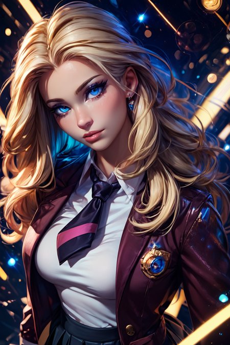 score_9, score_8_up, score_8, medium breasts, (curvy), cute, eyelashes,       ,,, , ,,, zzLss, blue eyes, blonde hair, long hair,  shirt, necktie, jacket, school uniform, white shirt, long sleeves, black necktie, collared shirt, blazer, black skirt, black pantyhose,  <lora:Lass_Pokemon_PDXL:0.8>,     ,,,, BREAK,  (ultra realistic,32k, masterpiece:1.2),(high detailed skin:1.1),( high quality:1.1), head tilt, lips, closed mouth, shiny clothes, (upper body), looking at viewer, bokeh, luminescent background, ,,, embedding:zPDXL, Expressiveh, ,,, <lora:RlAnmPDXL:1.0>,